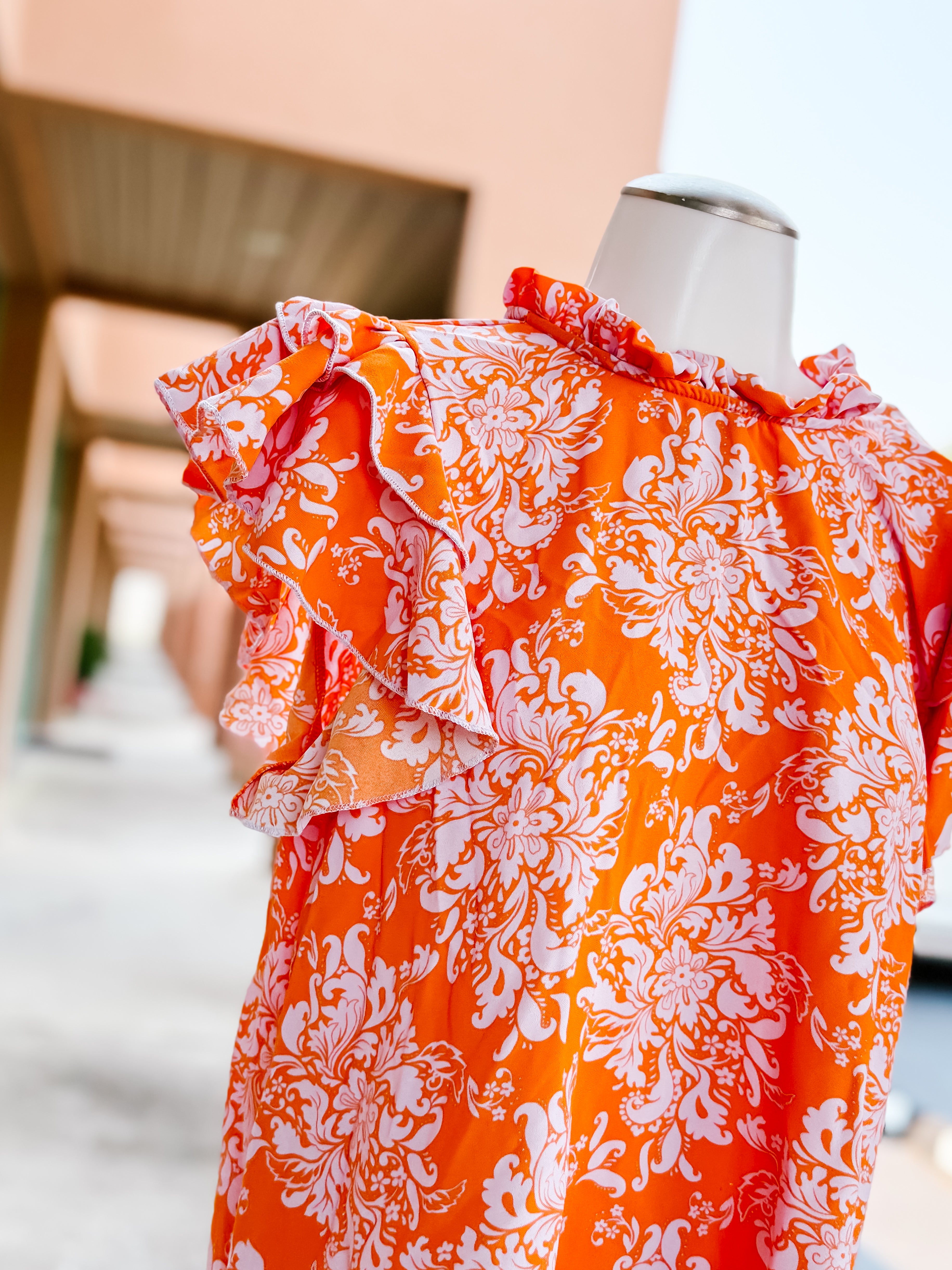Orange Lilac Floral Mock Neck Double Layered Ruffle Top- SALE