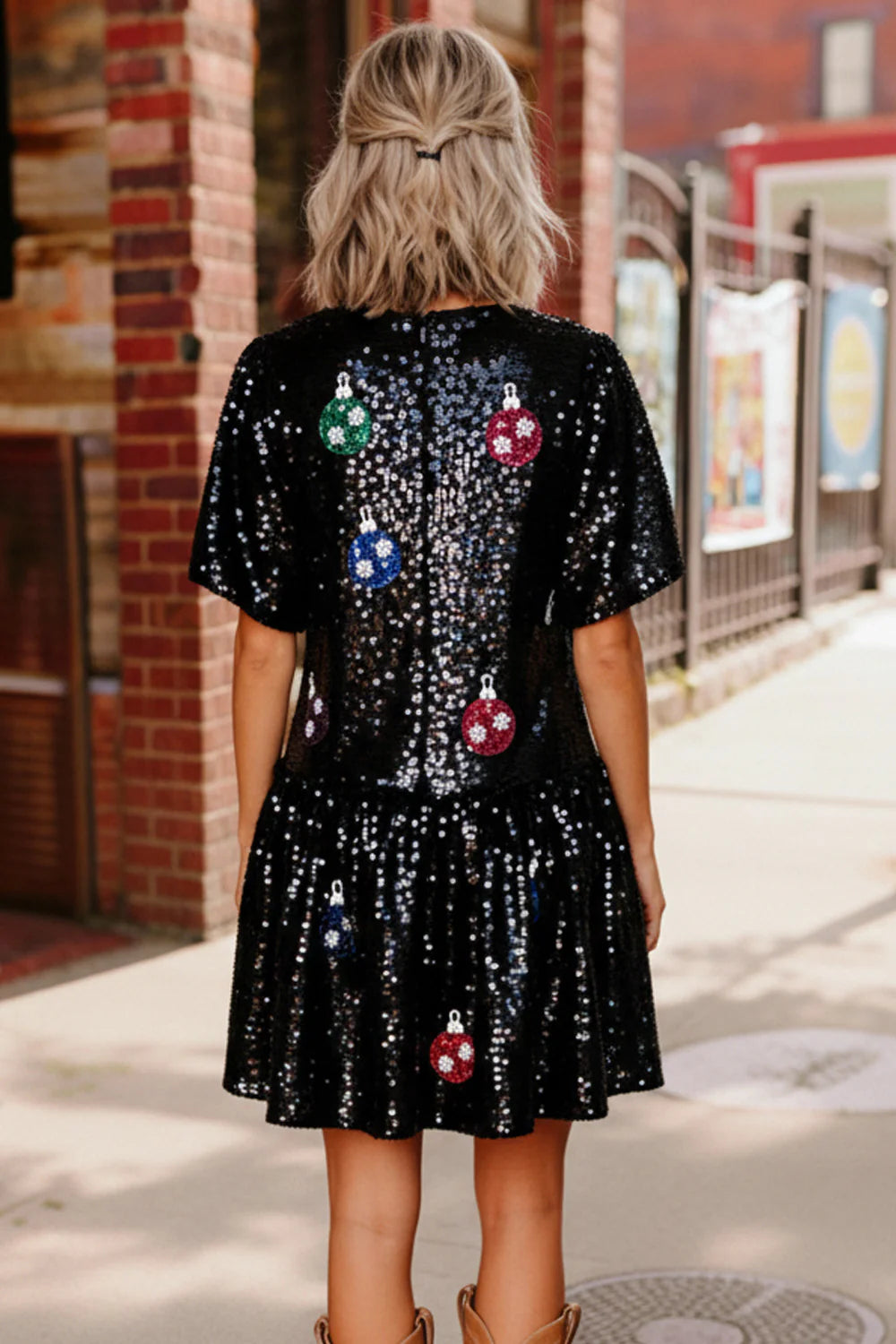 BLACK SEQUIN ORNAMENT EMBELLISHED HOLIDAY DRESS