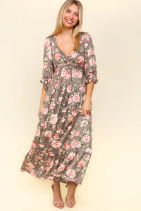GREY PINK SWEETHEART NECKLINE FLORAL PRINT LONGSLEEVE RUFFLE MAXI DRESS