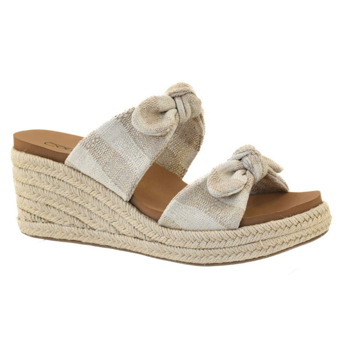 TIE THE KNOT SANDAL WEDGES TAN NATURAL STRIPED DESIGN BY CORKYS- SALE- SIZE 11 LEFT