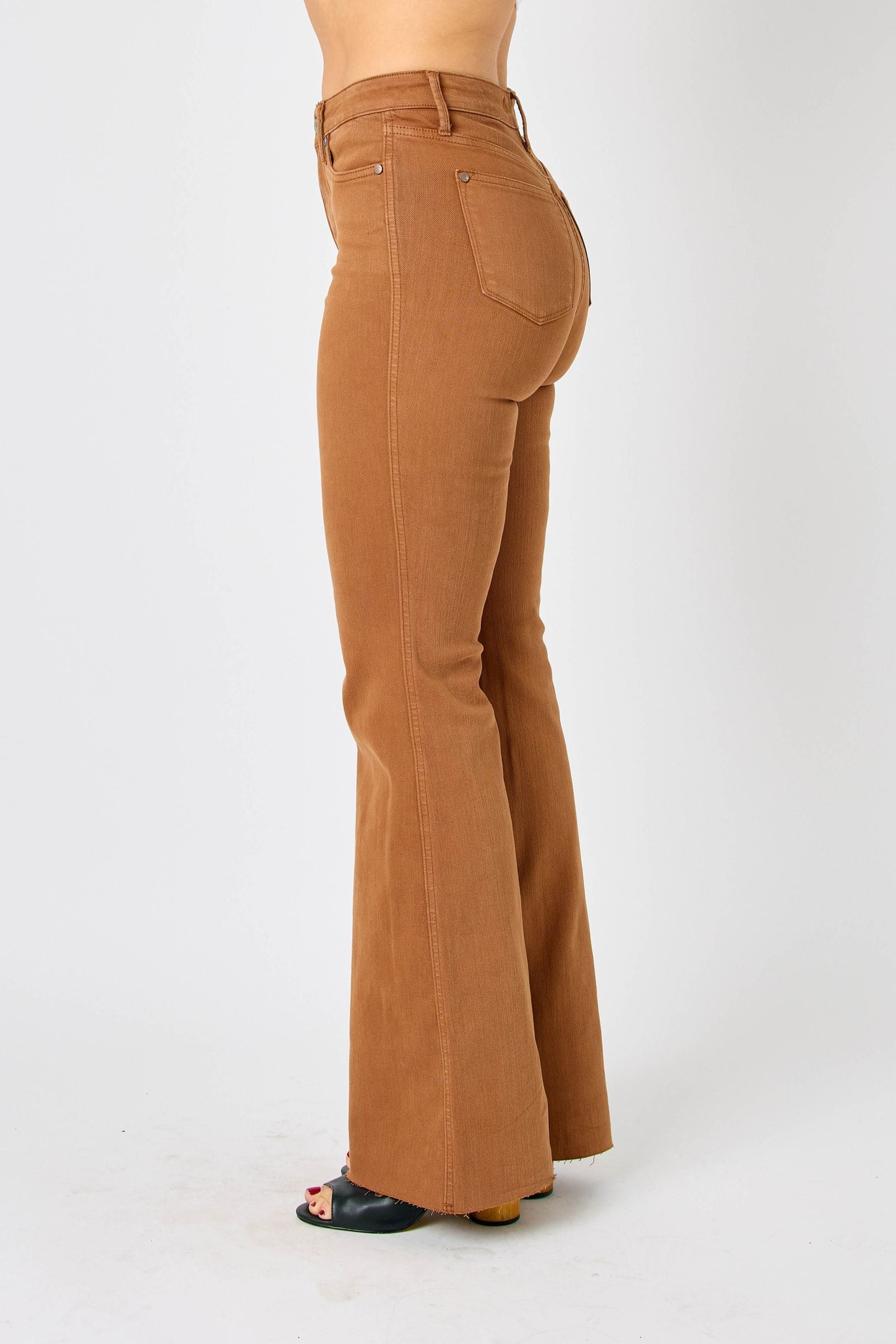 BROWN HIGH WAIST TUMMY CONTROL GARMENT DYED FLARE DENIM JUDY BLUE