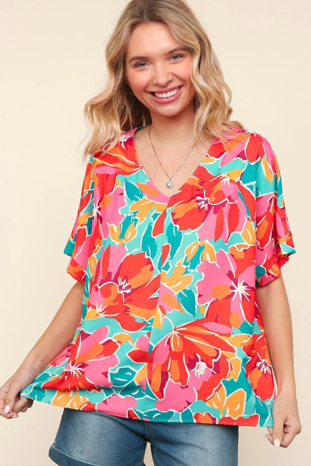 AQUA FUCHSIA FLORAL WOVEN DOLMAN BLOUSE
