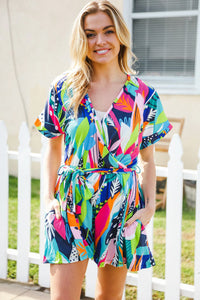 BUTTERY SOFT TROPICCAL PRINT NAVY PINK ORANGE GREEN BRIGHT VIVID SUMMER SURPLICE TIE WAIST ROMPER-PLUS