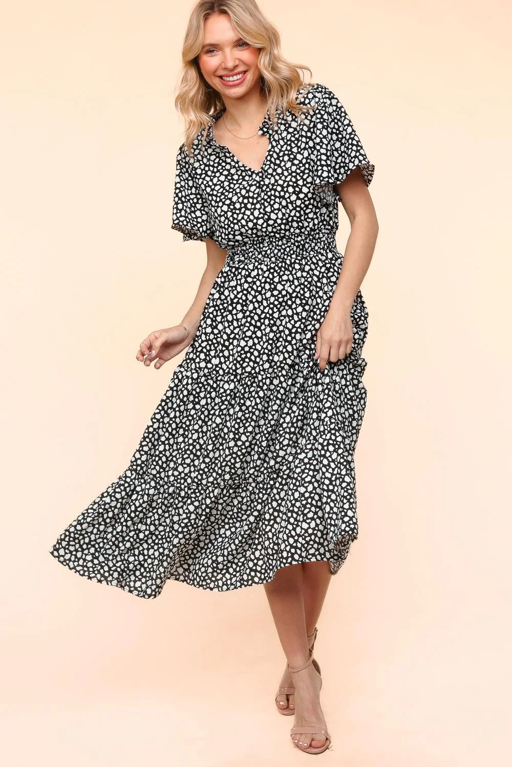 BLACK WHITE FIT & FLARE SMOCKED WAIST ANIMAL PRINT MAXI DRESS