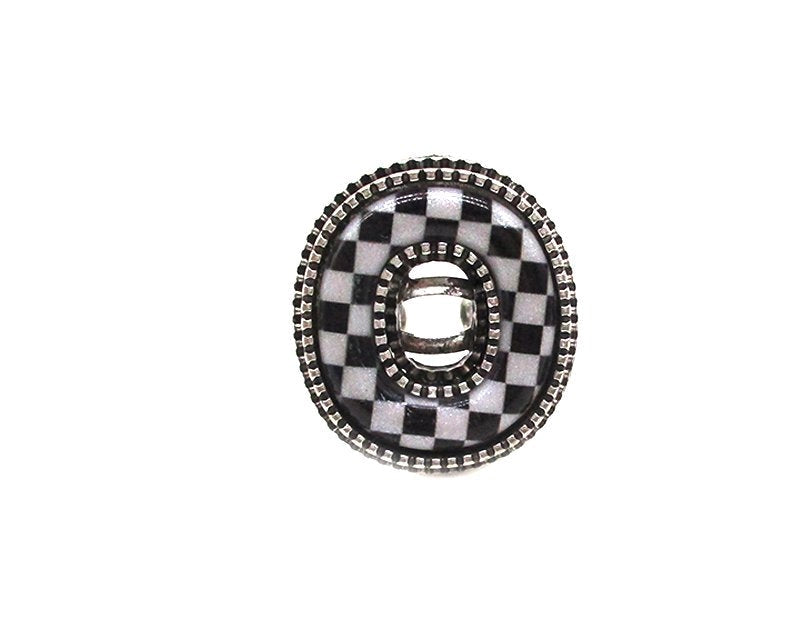 CHECKERED BUBBLE INITIAL BLACK & WHITE ON SILVER ADJUSTABLE CUFF RING