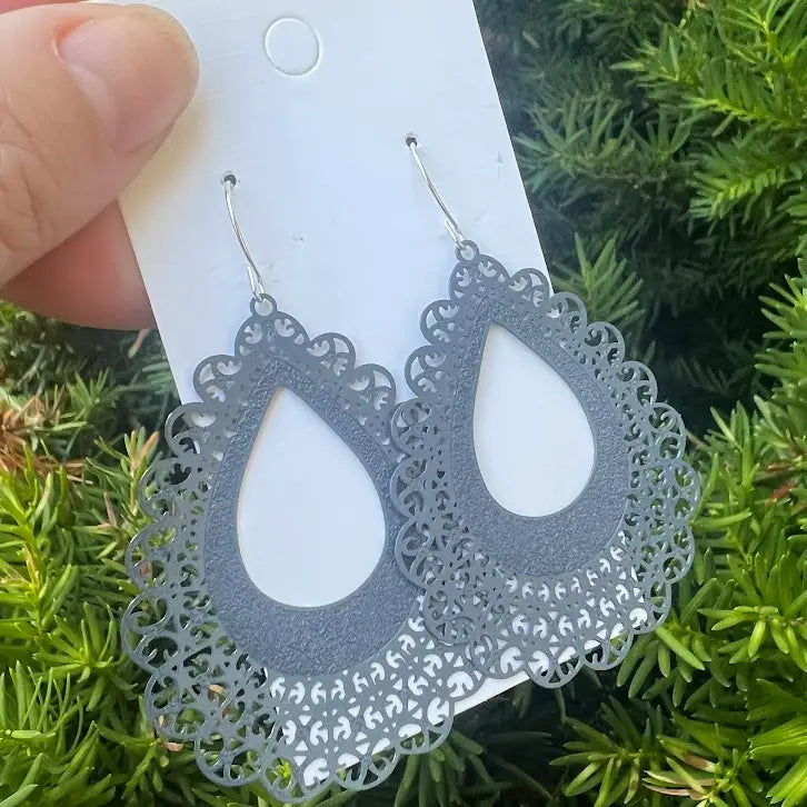 GREY FLOURISH TEARDROP METAL STATEMENT HANDMADE BBB EARRINGS