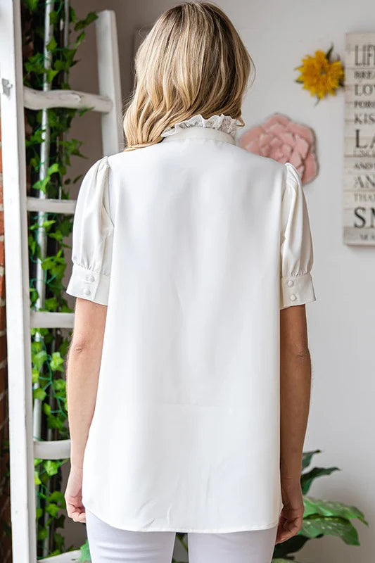 IVORY SOLID RUFFLE CROCHET DETAIL BLOUSE