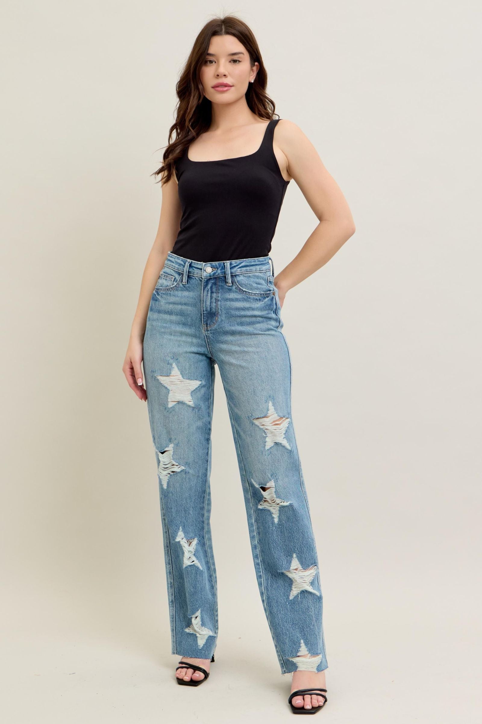 MEDIUM WASH HIGH WAIST RIGID MAGIC STAR SHAPED DESTROYED 90S STRAIGHT JUDY BLUE DENIM-PLUS