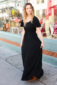 BLACK SOLID RUFFLE MAXI DRESS