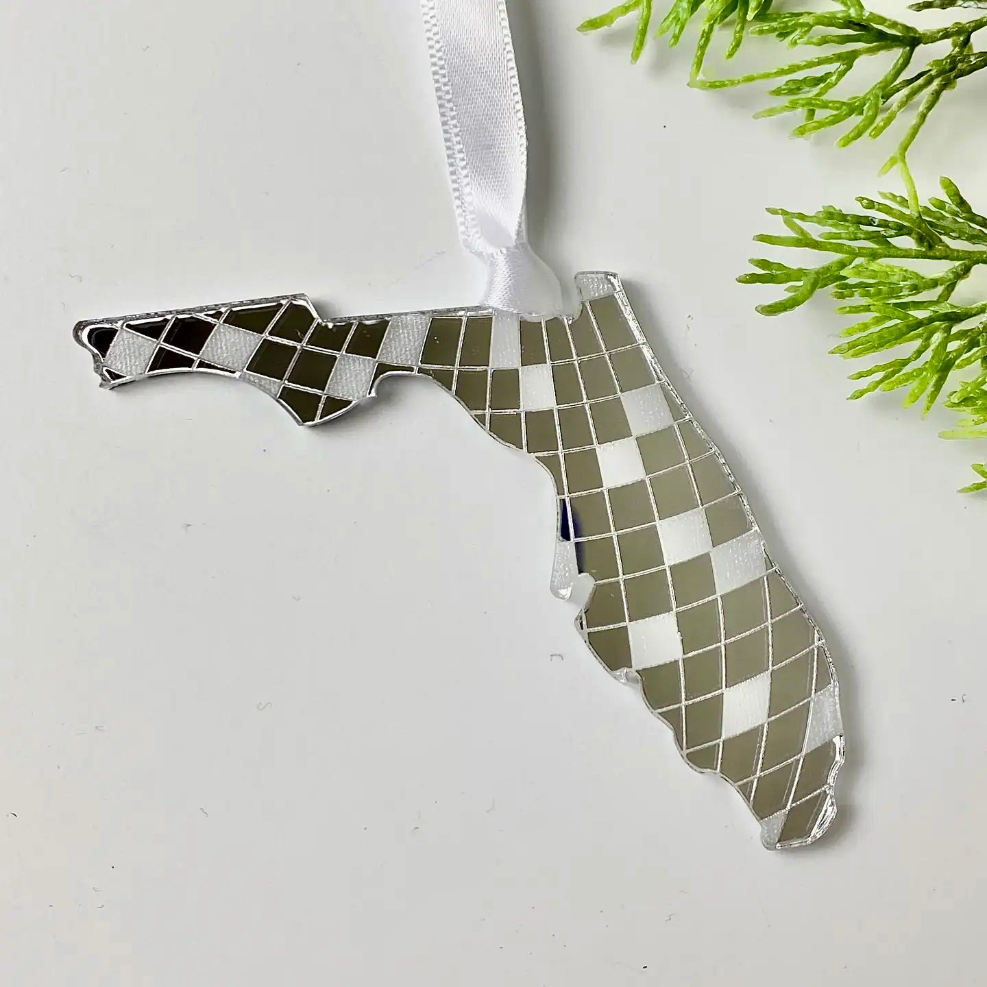 CUSTOM-MADE, HAND-MADE FLORIDA STATE SHAPE, DISCO BALL PRINTED, HANGING ORNAMENT, WHITE SATIN STRING, MADE OF ACRYLIC