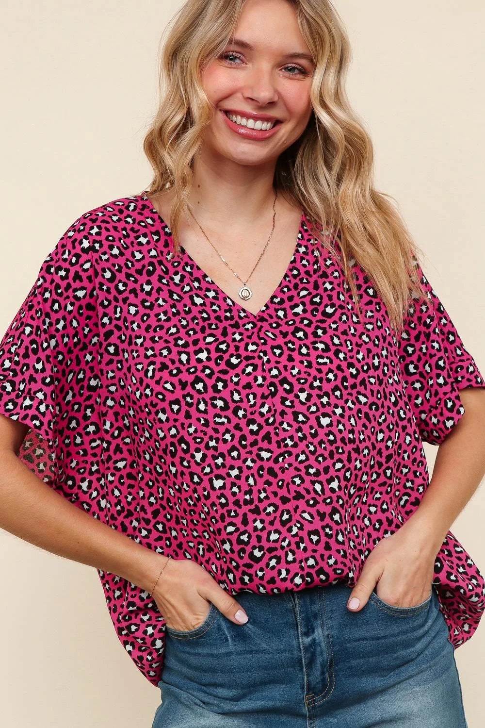 HOT PINK MAGENTA BLACK LEOPARD WOVEN VNECK BLOUSE-PLUS
