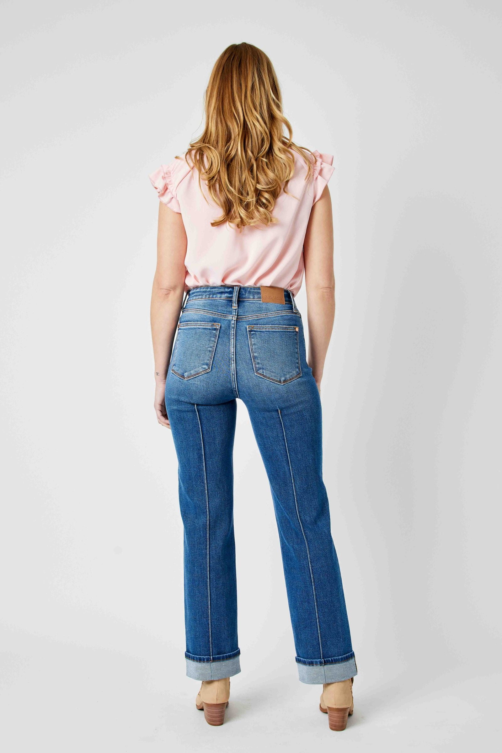 MEDIUM WASH HIGH WAIST FRONT SEAM DETAIL & CUFFED STRAIGHT JUDY BLUE DENIM