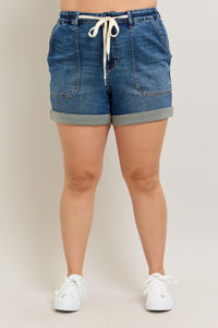 DARK WASH HIGH WAIST CUFFED JOGGER SHORTS BY JUDY BLUE DENIM-PLUS