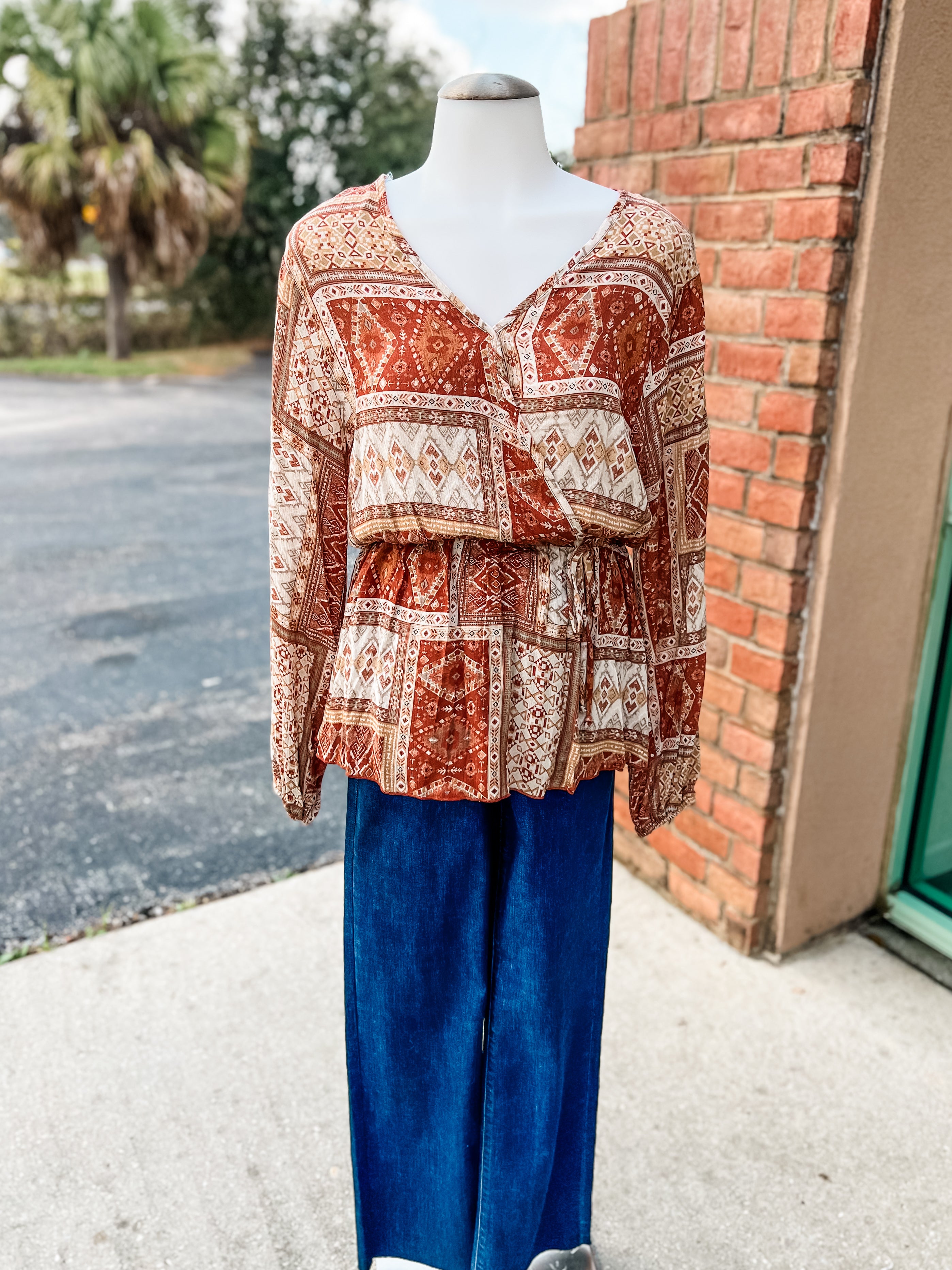 Rust Aztec Peplum Flare Longsleeve Top