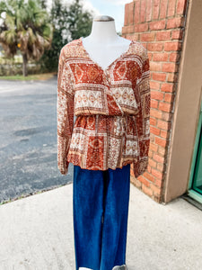 Rust Aztec Peplum Flare Longsleeve Top