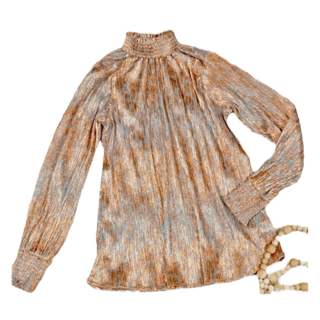 ROSE GOLD METALLIC MOCK NECK PLEATED LONG SLEEVE BLOUSE- SALE