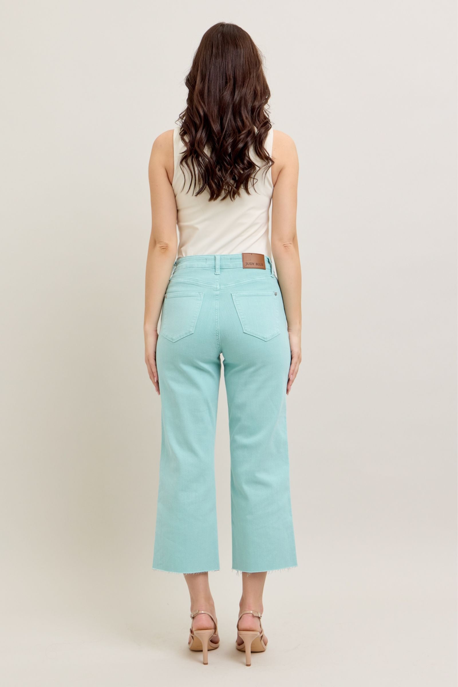 LIGHT BLUE SKY HIGH WAIST GARMENT DYED RAW HEM CROP WIDE LEG JUDY BLUE DENIM