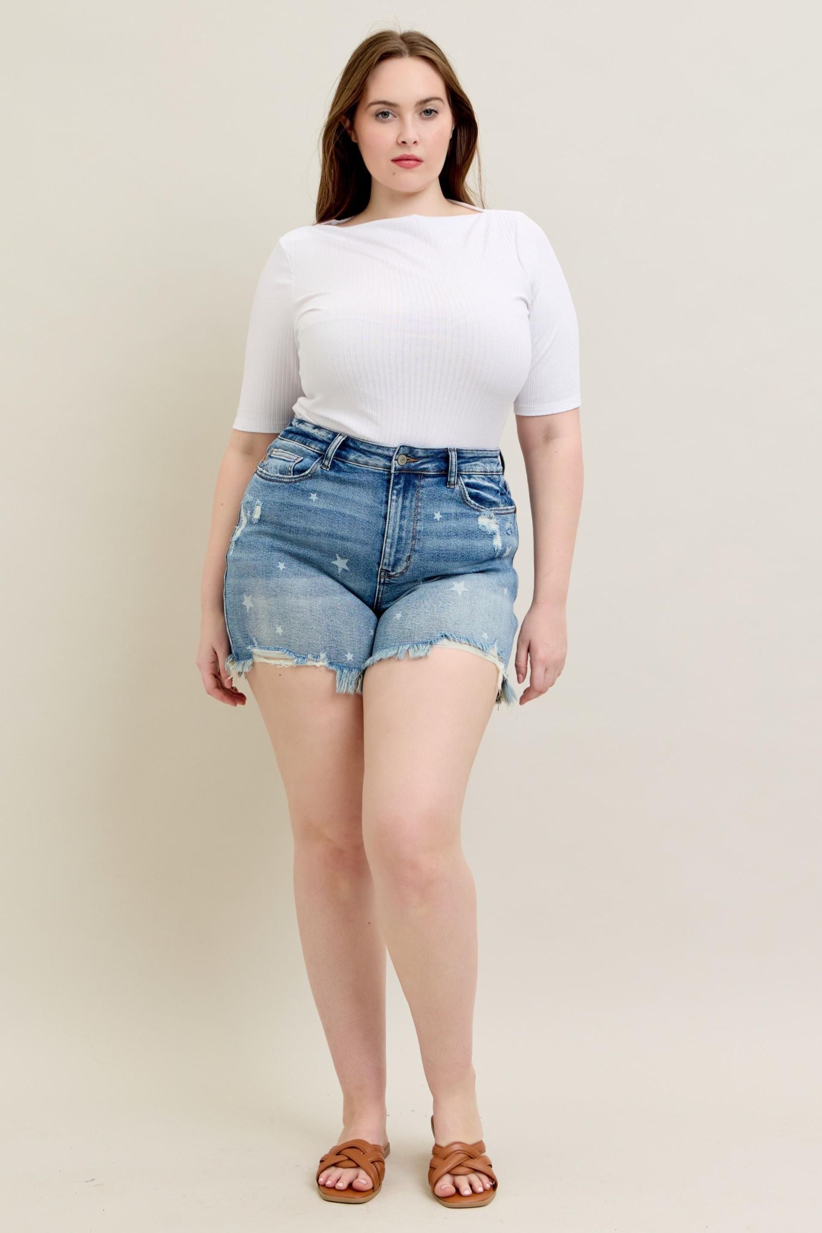 STAR PRINT DESTROYED CUT OFF DENIM SHORTS BY JUDY BLUE MEDIUM WASH HIGH WAIST-PLUS