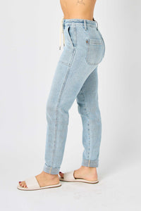 JOGGERS LIGHT WASH HIGH WAIST VINTAGE DOUBLE CUFF JUDY BLUE DENIM-PLUS