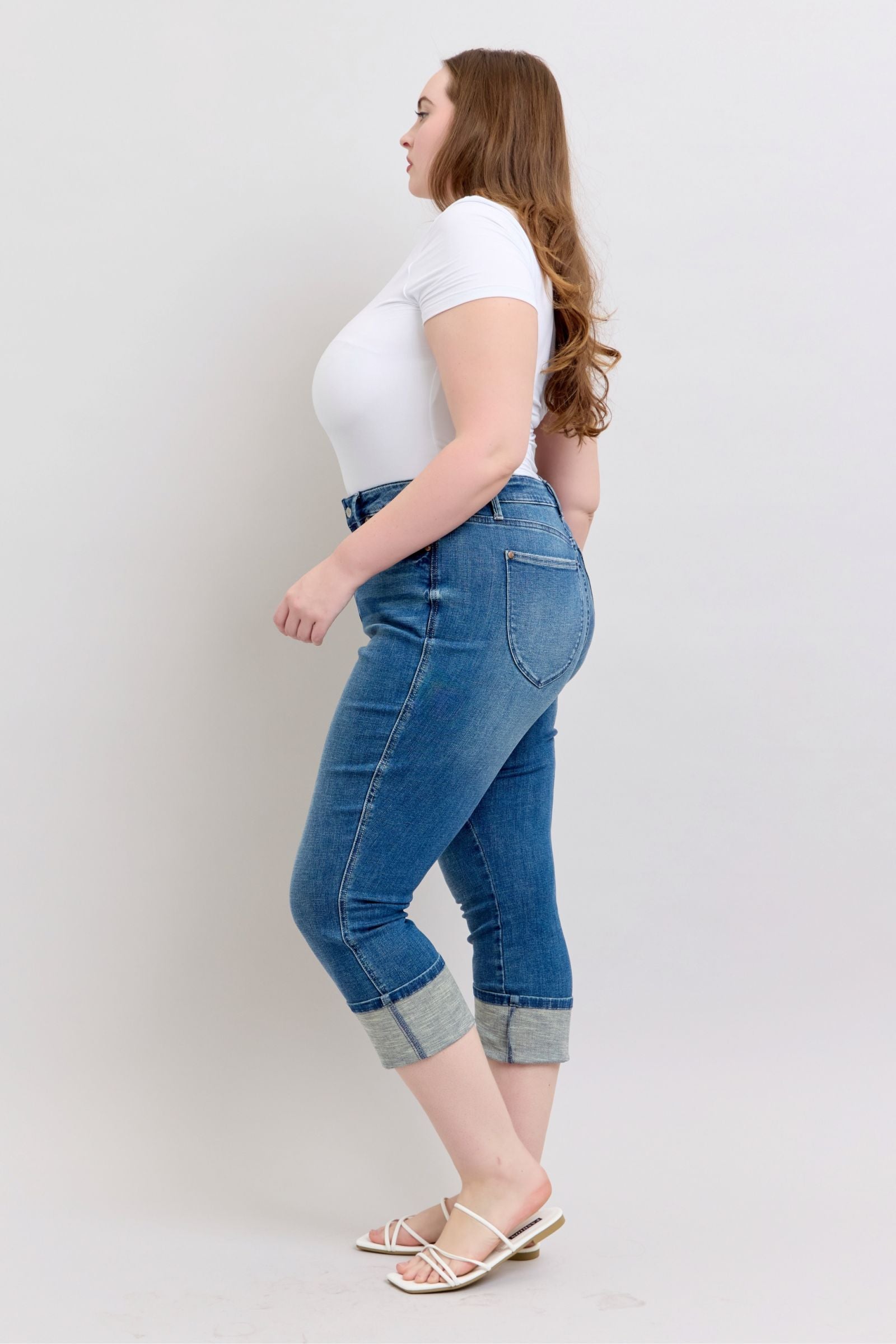 HIGH WAIST TUMMY CONTROL MEDIUM WASH BACK SHIELD POCKETS & CUFFED CAPRIS JUDY BLUE DENIM-PLUS