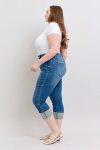 HIGH WAIST TUMMY CONTROL MEDIUM WASH BACK SHIELD POCKETS & CUFFED CAPRIS JUDY BLUE DENIM-PLUS