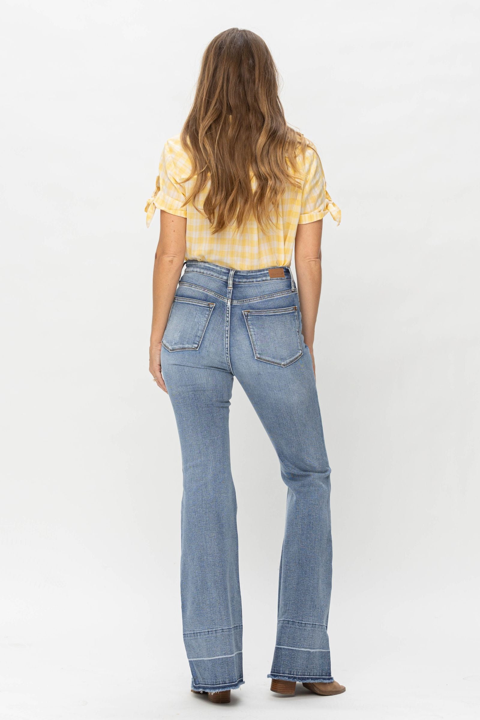 MEDIUM WASH HIGH WAIST TUMMY CONTROL WITH RELEASE HEM FLARE JUDY BLUE DENIM-PLUS
