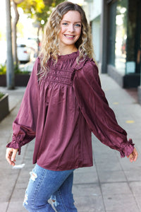 WINE MARSALA BE YOUR BEST SATIN SHIRRED YOKE FRILLY MOCK NECK BLOUSE