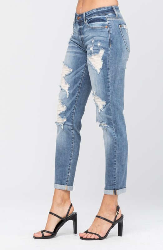 Mid Rise Destroyed Boyfriend Medium Wash Judy Blue Denim-PLUS