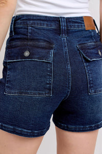 MEDIUM BLUE HIGH WAIST BACK FLAP POCKETED SHORTS JUDY BLUE DENIM-PLUS