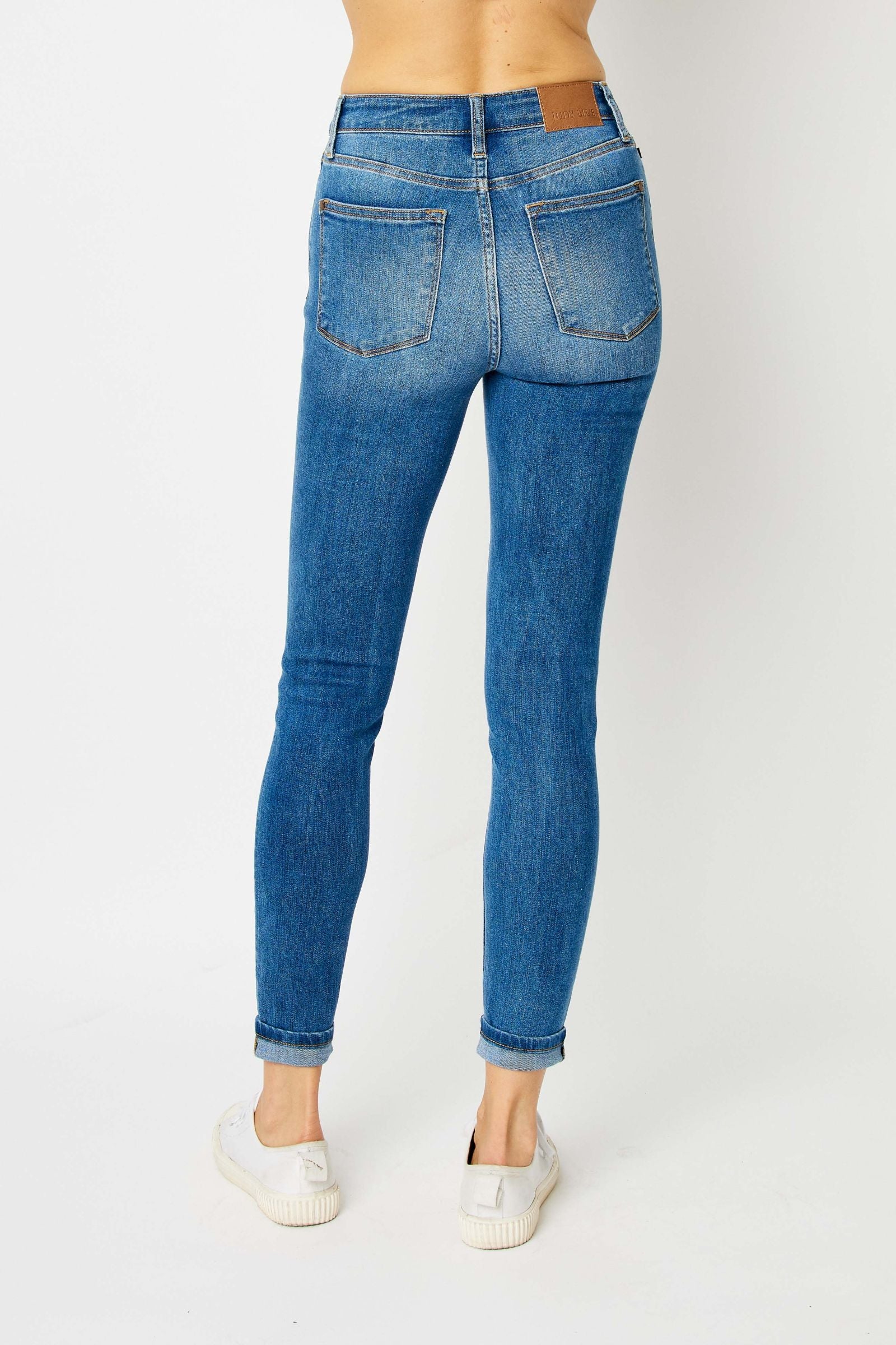 MEDIUM WASH HIGH WAIST CUFFED HEM SKINNY JUDY BLUE DENIM-PLUS