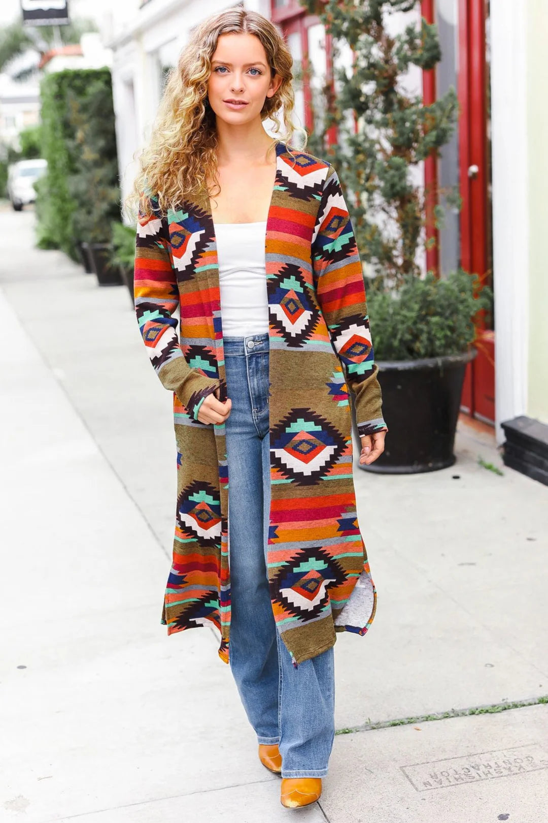 OLIVE RUST AZTEC WESTERN VIBES DUSTER CARDIGAN