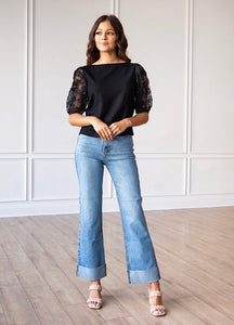 Midnight Blossom Black Sequin Puff Sleeve Top