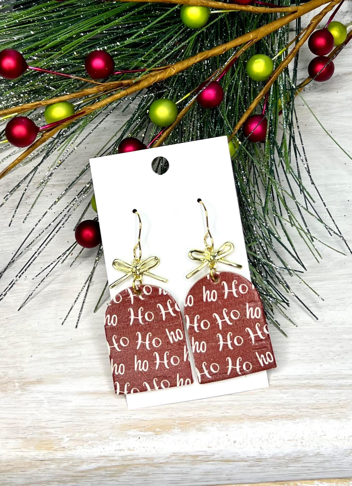 HO HO HO CHRISTMAS RED & GOLD BOWS HANDMADE EARRINGS BY B.O.D