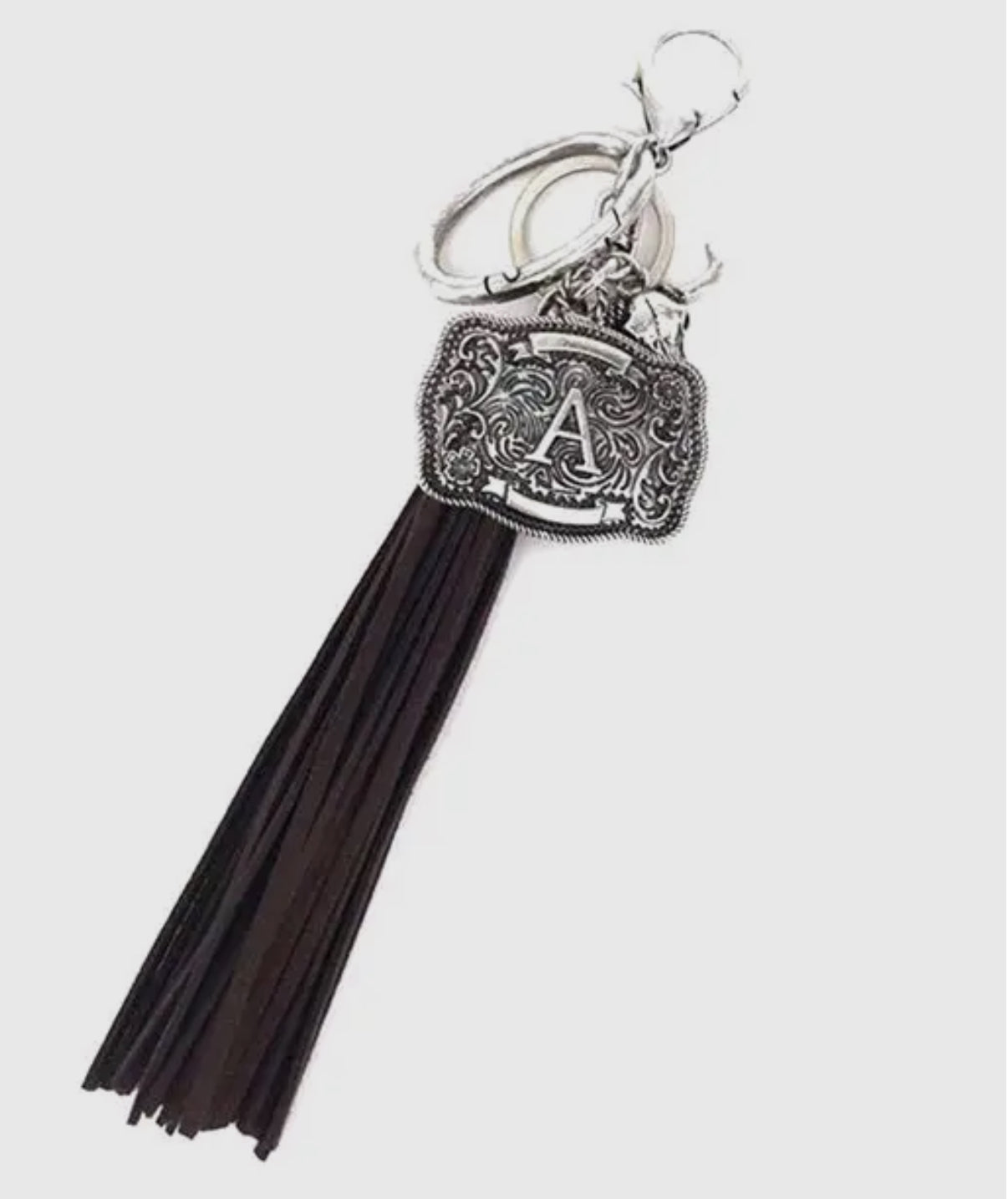WESTERN BELT BUCKLE INITIAL BROWN TASSEL KEYCHAIN