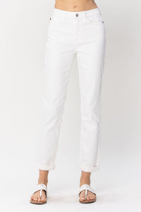 JUDY BLUE WHITE BOYFRIEND DOUBLE CUFF HIGH WAIST DENIM