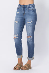 LIGHT WASH HIGH WAIST CUFFED BOYFRIED WITH DESTROY JUDY BLUE DENIM