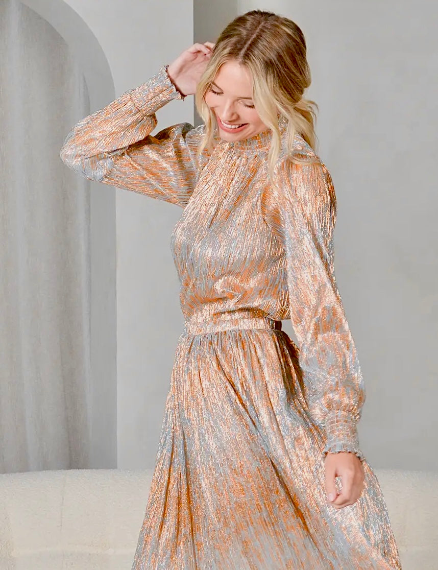 ROSE GOLD METALLIC MOCK NECK PLEATED LONG SLEEVE BLOUSE- SALE