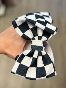 BLACK WHITE CHECKERED RACING BOW HEADBAND FOR BABY/KID