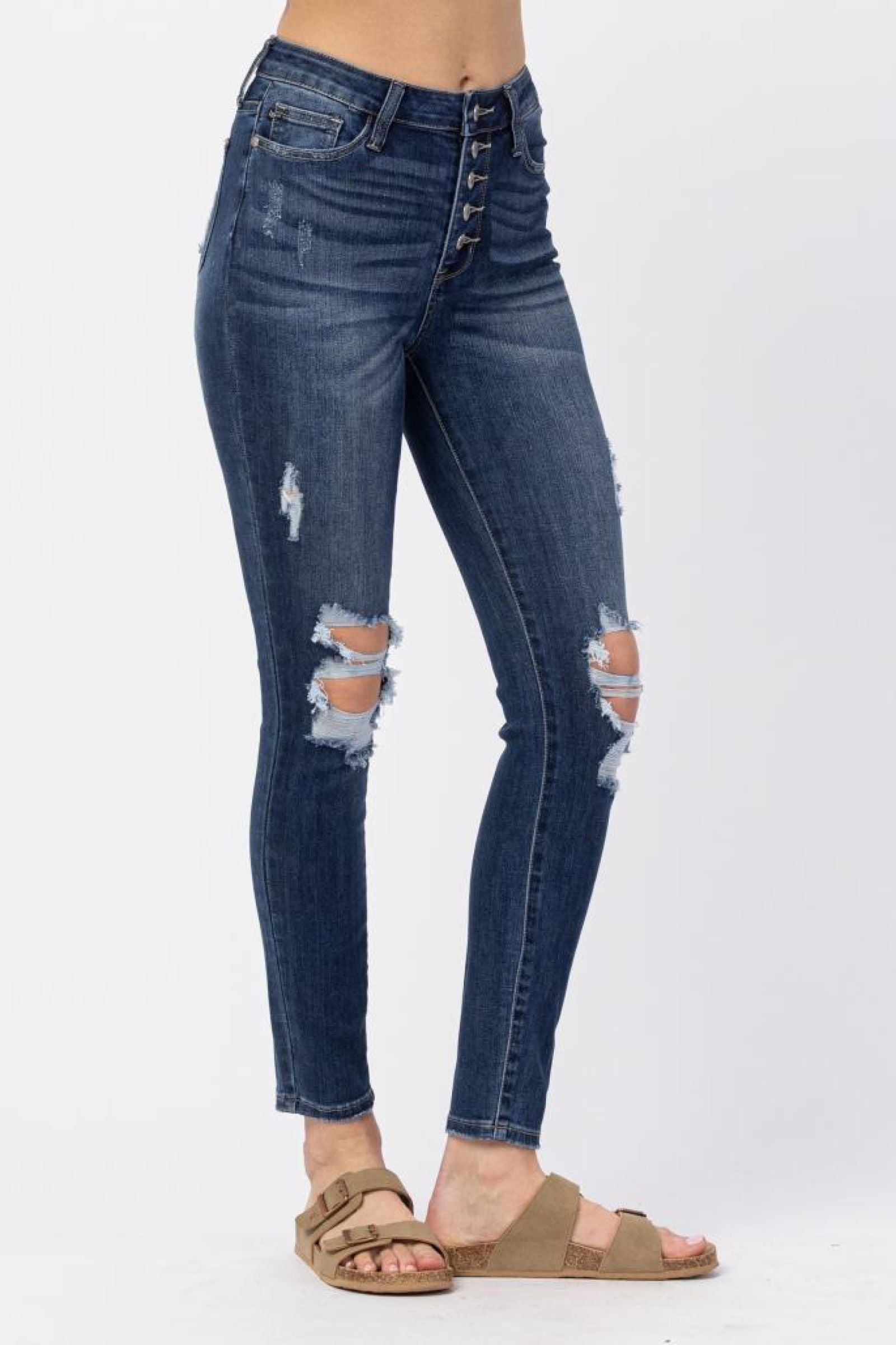 HIGH RISE BUTTON FLY CUFFED SKINNY DARKWASH JUDY BLUE DENIM