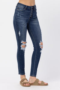 HIGH RISE BUTTON FLY CUFFED SKINNY DARKWASH JUDY BLUE DENIM