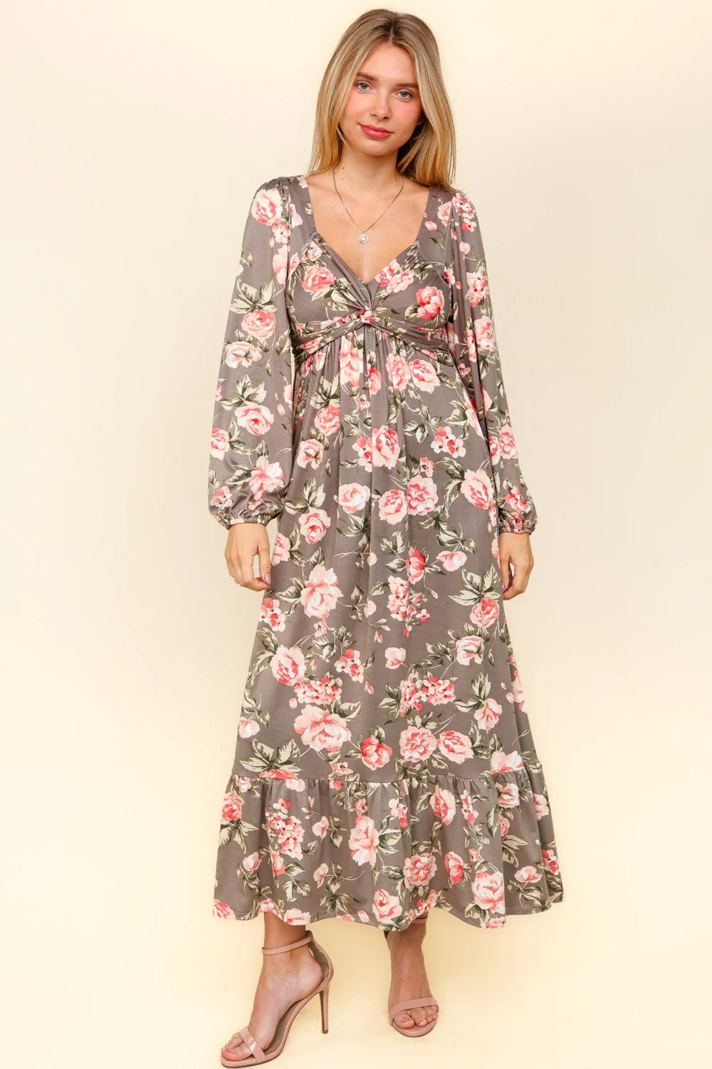 GREY PINK SWEETHEART NECKLINE FLORAL PRINT LONGSLEEVE RUFFLE MAXI DRESS