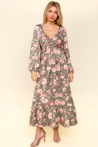 GREY PINK SWEETHEART NECKLINE FLORAL PRINT LONGSLEEVE RUFFLE MAXI DRESS