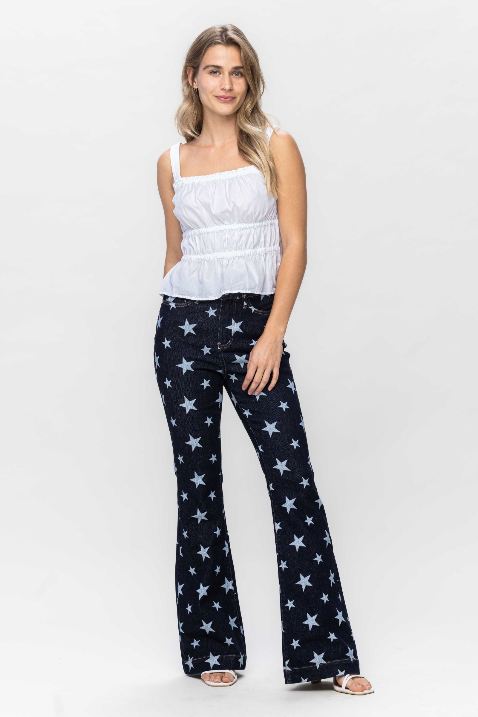 DARKWASH HIGH WAIST ALL OVER STAR PRINT RINSE WASH FLARE JUDY BLUE DENIM