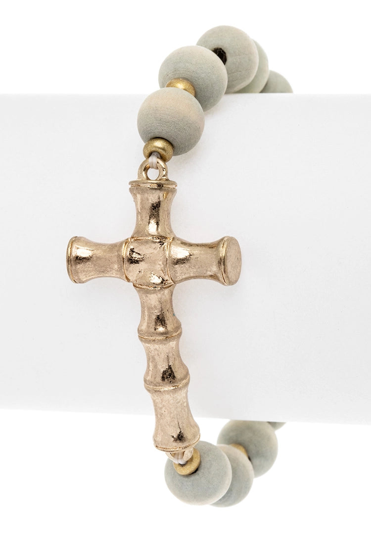 BAMBOO-STYLE CROSS CHARM WOODEN BEADED GIFTABLE BRACELET