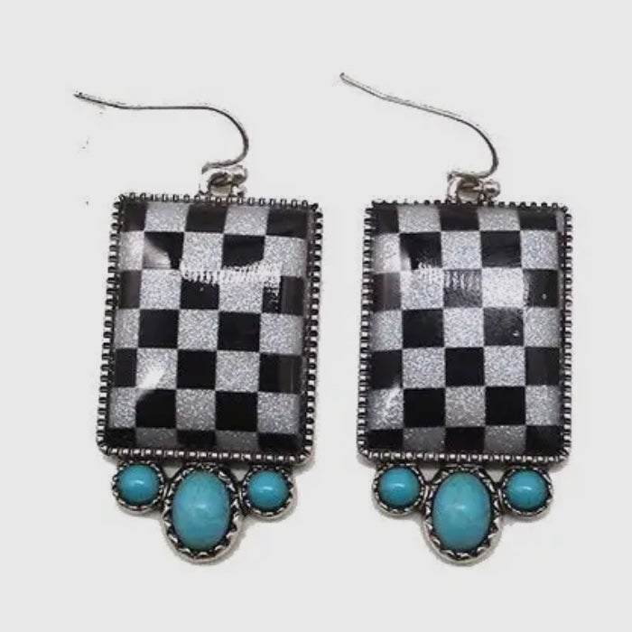 SQUARE SHAPE CHECKERED PRINT TURQUOISE STONE EARRINGS