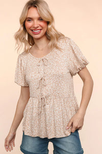 TAUPE FLORAL FRONT RIBBONS BOW TIE ANIMAL BABYDOLL KNIT TOP
