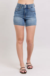 MEDIUM WASH HIGH WAIST TUMMY CONTROL COOL DENIM DOUBLE WAISTBAND SHORTS BY JUDY BLUE
