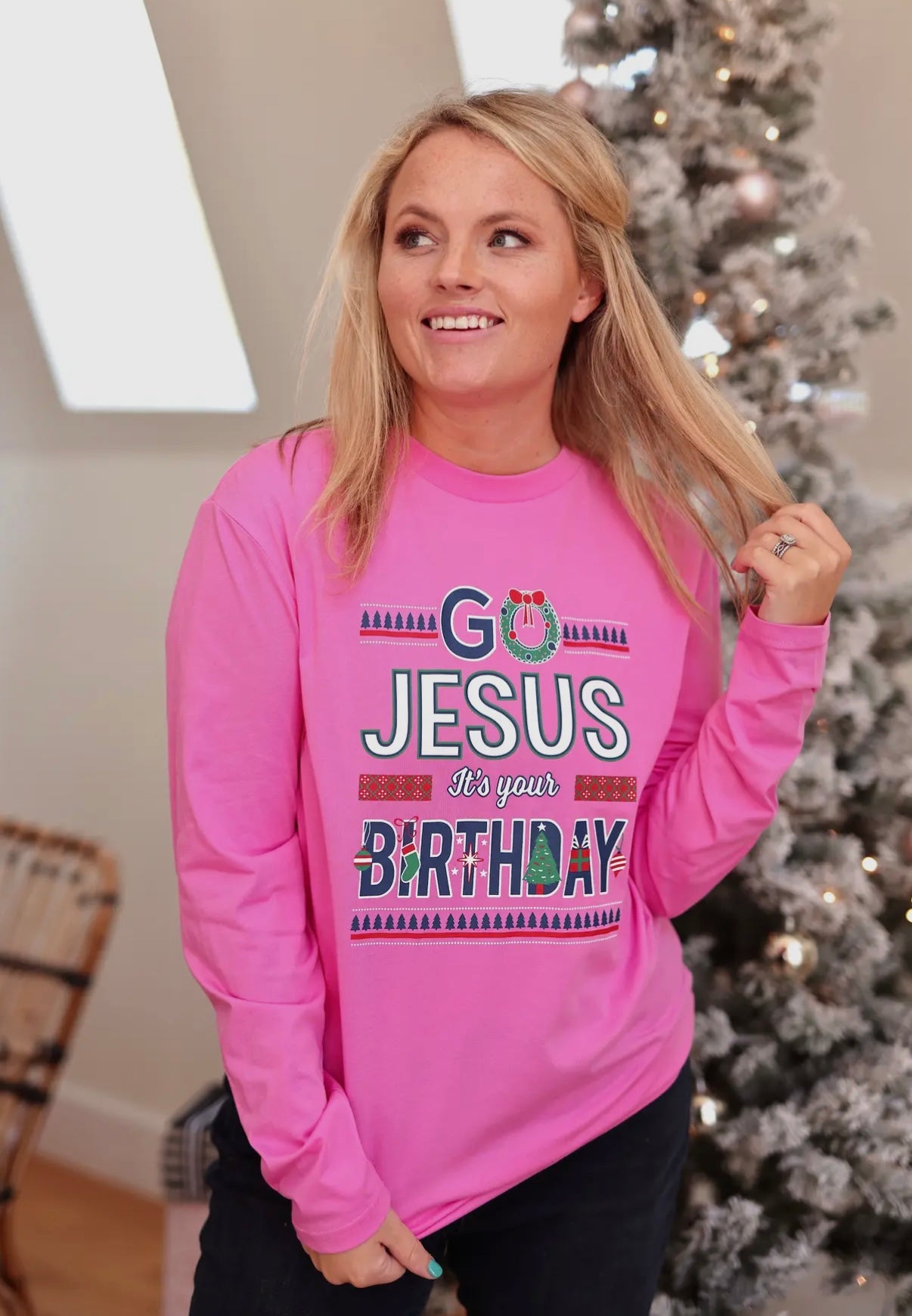 NEON PINK KINDNESS & CONFETTI GO JESUS ITS YOUR BIRTHDAY LONGSLEEVE TEE