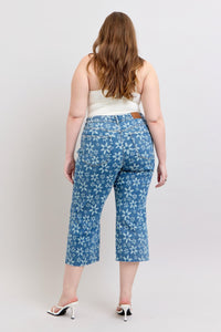 HIGH WAIST FLOWER PRINT CROPPED WIDE LEG JUDY BLUE DENIM MEDIUM WASH