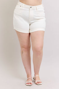 WHITE DOUBLE ROLL CUFFED JUDY BLUE SHORTS-PLUS